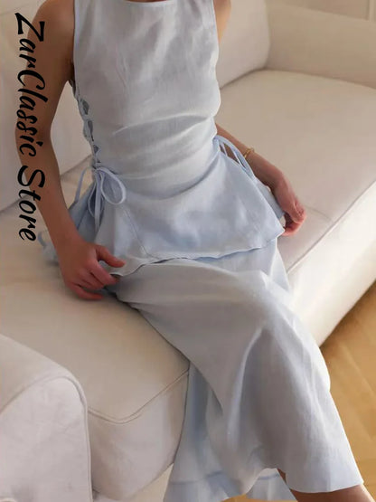 Linen Tank Top & Maxi Skirt Two Piece Set | Wovetsa
