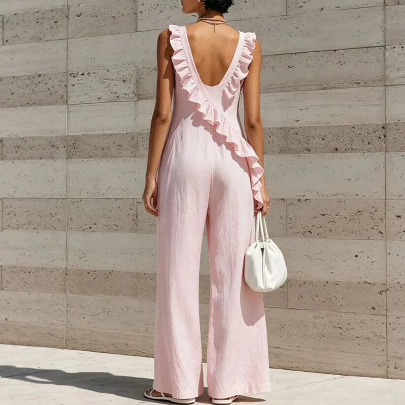 Women's Summer Ruffle Jumpsuit V Neck Wide Leg Vacation Style One Piece Outfit