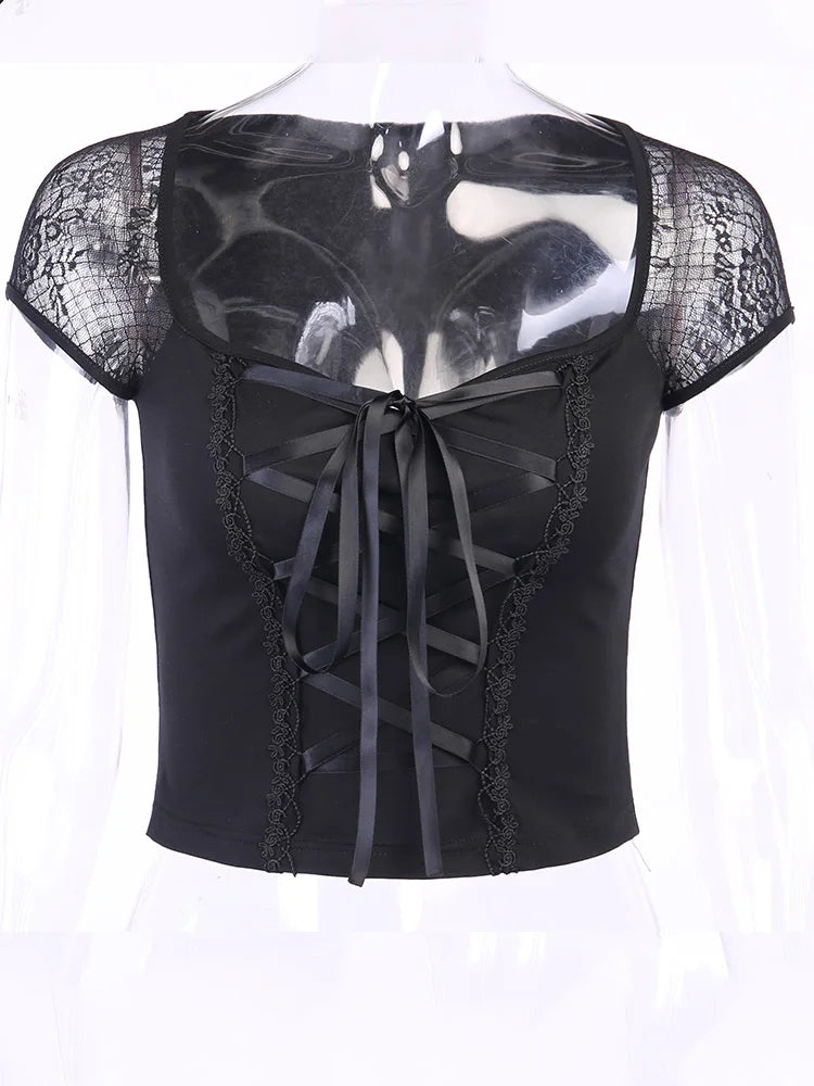 Gothic Mesh Lace Bandage Bodycon Top | Wovetsa