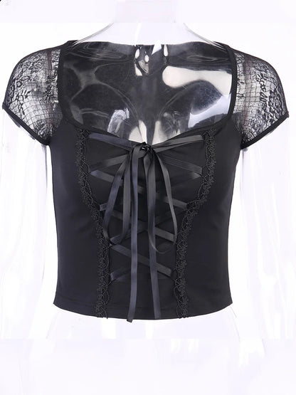 Gothic Mesh Lace Bandage Bodycon Top | Wovetsa
