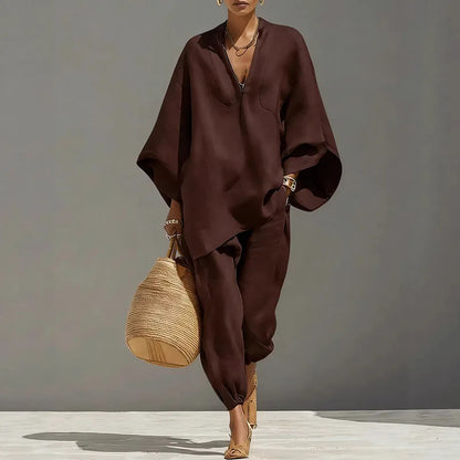 V-Neck Batwing Sleeve Top & Ankle Pants Set | Wovetsa