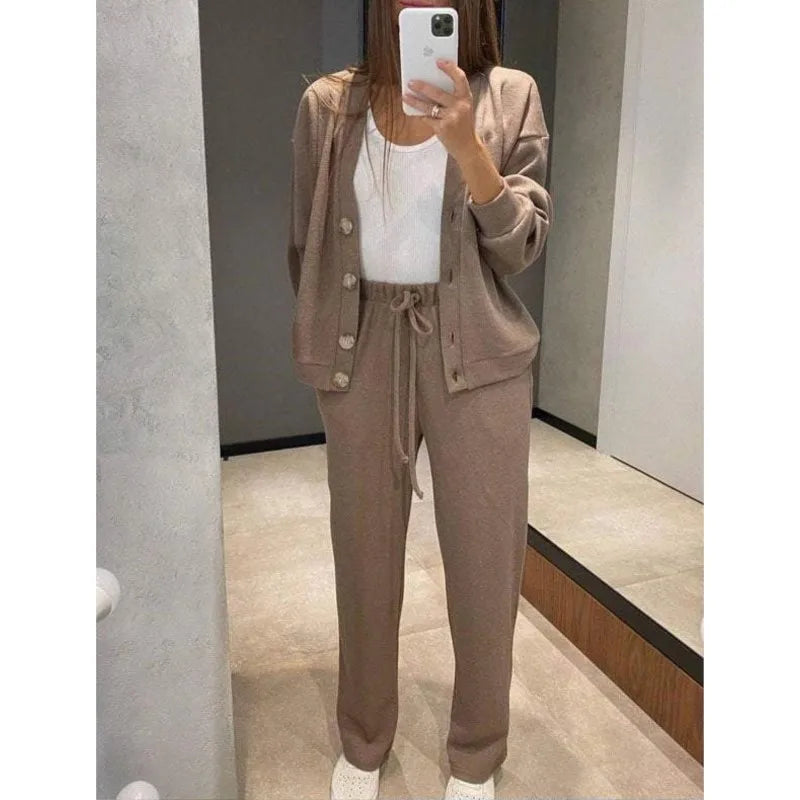 V-Neck Single-Breasted Cardigan & Pants Set | Wovetsa