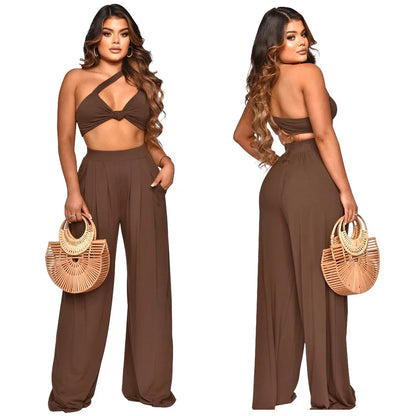 One Shoulder Crop Top & Wide-Leg Pant Set | Wovetsa