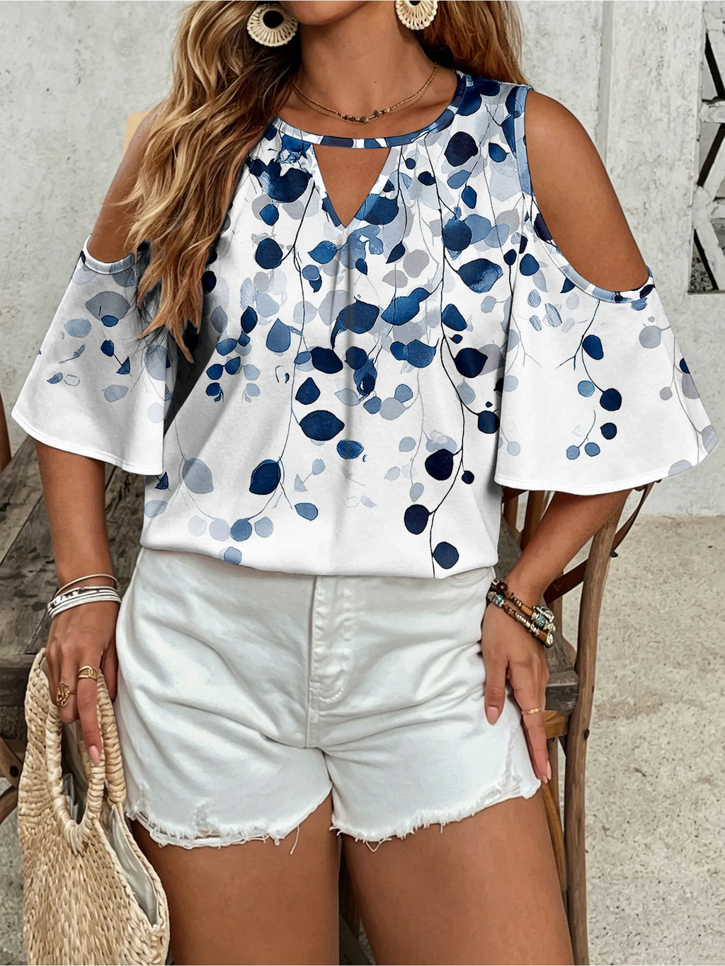 Plus Size Leaf Print Off-Shoulder Hollow-Out Top | Wovetsa
