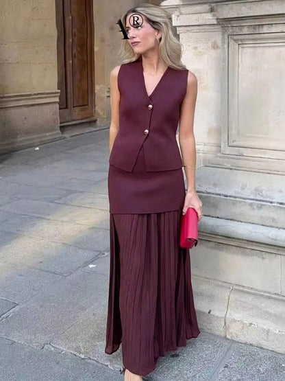 Women's Knit V-Neck Vest & Long Skirt Two Piece Set | Wovetsa