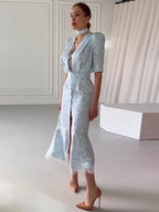 Elegant Lace Trimmed Printed Dress Women Chic Deep V-neck Waist Cinching Split Short Sleeve Maxi Dress Lady Party Vestidos 2026