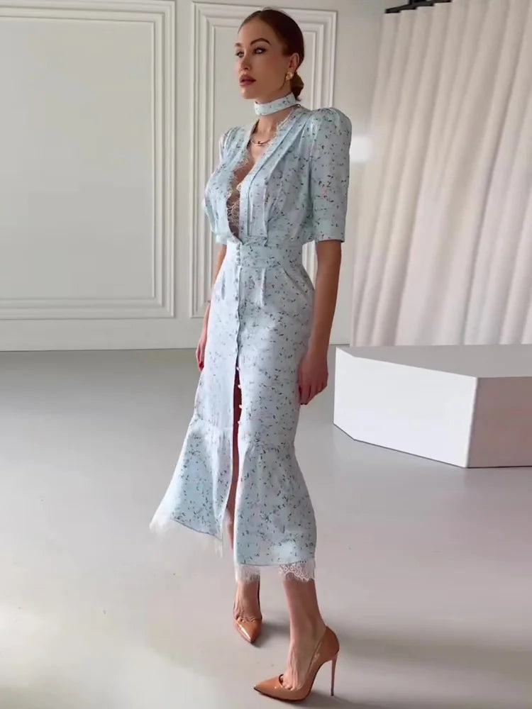 Elegant Lace Trimmed Printed Dress Women Chic Deep V-neck Waist Cinching Split Short Sleeve Maxi Dress Lady Party Vestidos 2026