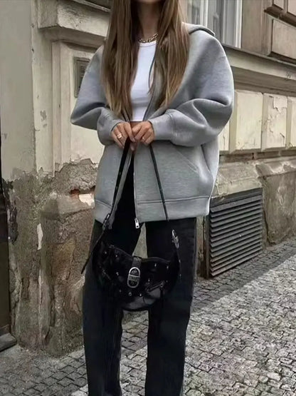 HH Autumn Women Gray Jacket With Hood Long Sleeve Big Pocket Zipper Jacket Coat Woman Loose Casual Outerwear Coat Tops