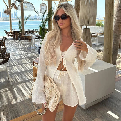 Flare Sleeve Lace-Up Shirt & High Waist Shorts Set | Wovetsa
