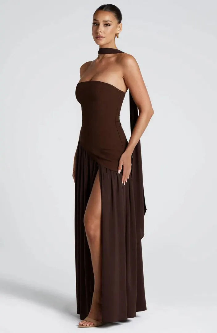 Backless Slit Evening Maxi Dress with Scarf | Wovetsa
