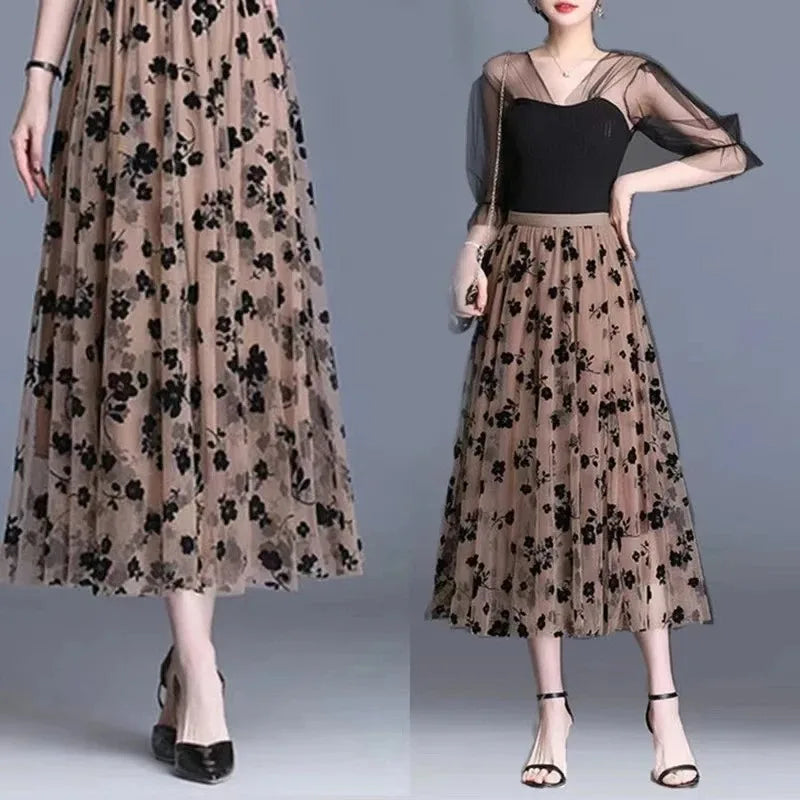 Floral Mesh High Waist A-Line Midi Dress | Wovetsa