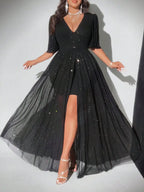 Plus Size Deep V-Neck Petal Sleeve A-Line Evening Dress | Wovetsa