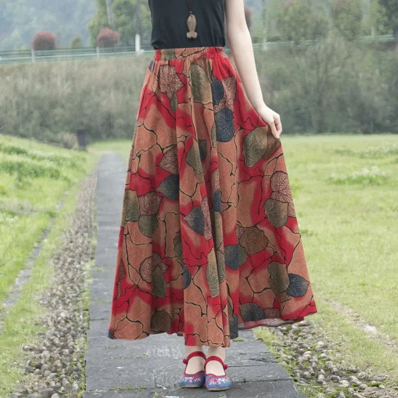 Bohemian Floral Print Cotton Linen Maxi Skirt | Wovetsa