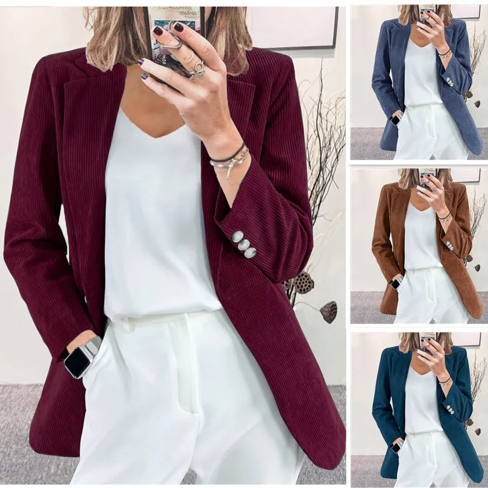 Autumn Winter Women's Clothing New Corduroy Cardigan Temperament Slim Solid Casual European American Blazers Small Suit Jacket