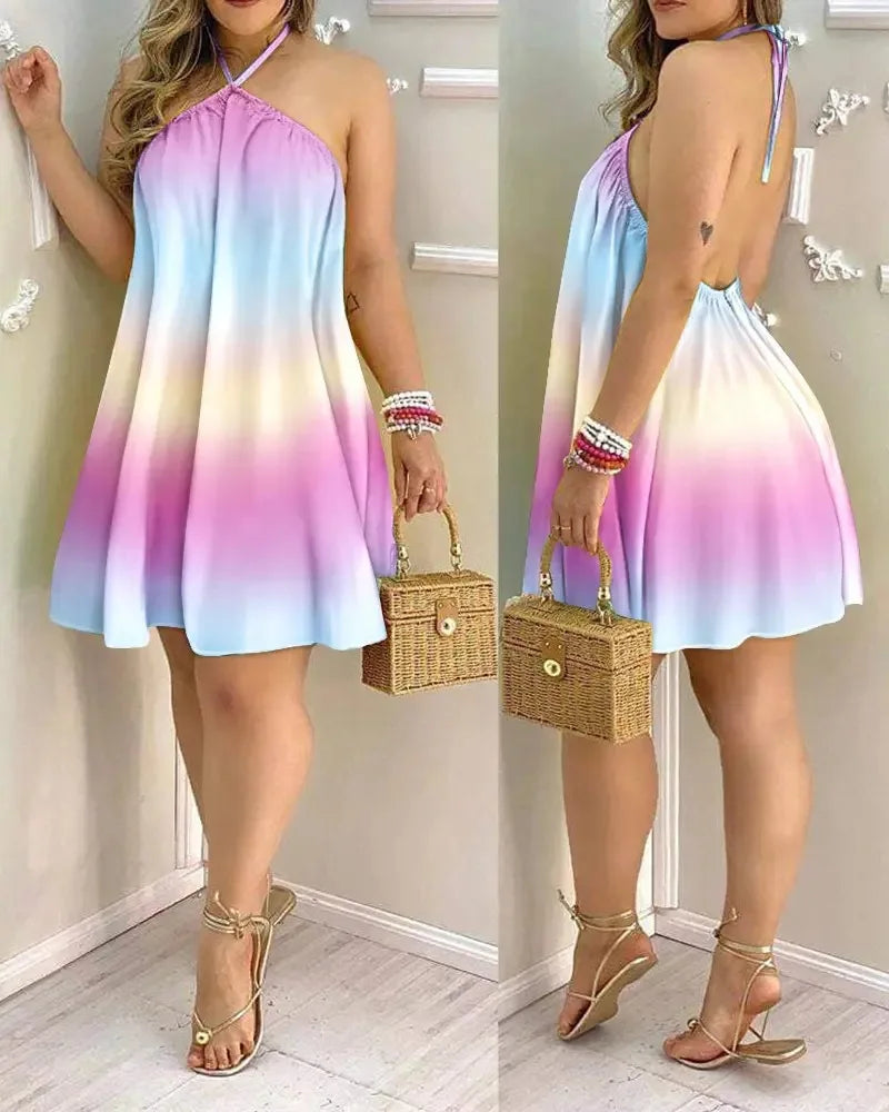 Women's Tropical Leaf Print Halter Neck Mini Dress | Wovetsa