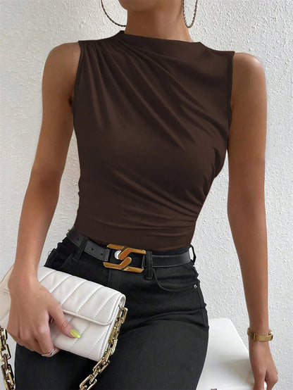 Mock Neck Ruched Sleeveless Tank Top | Wovetsa