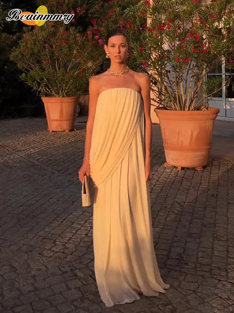 Strapless Pleated Backless Maxi Dress | Wovetsa