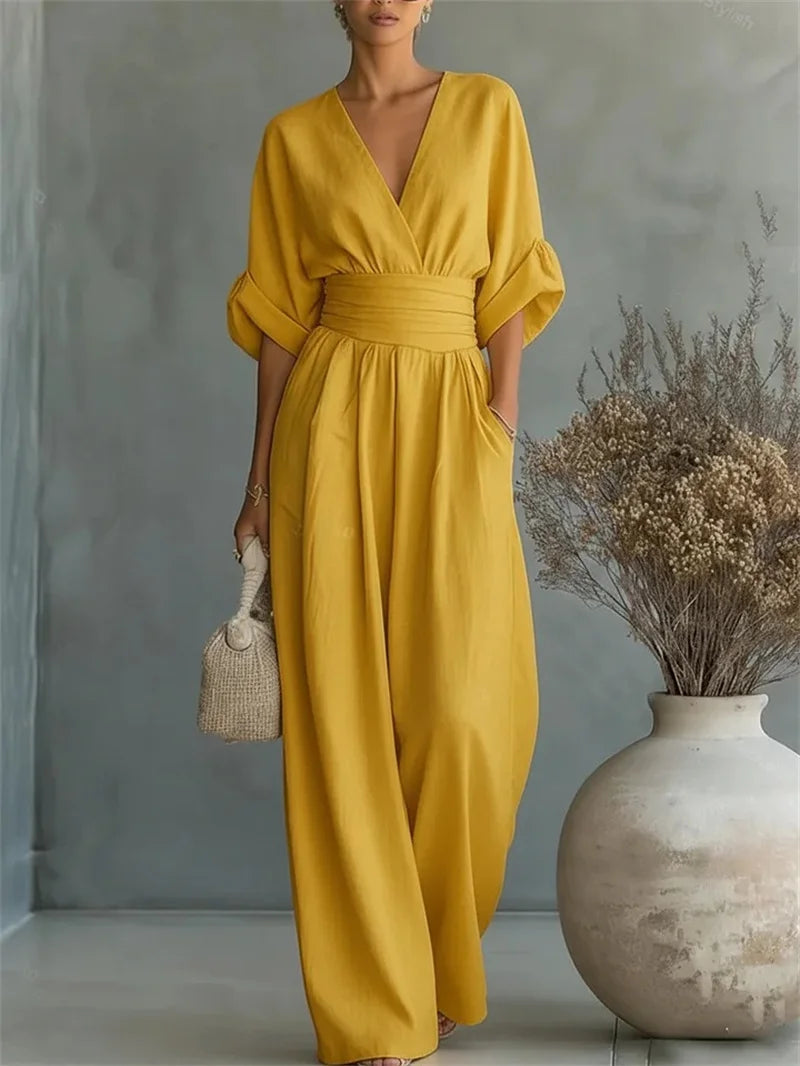 Ruched V-Neck Wide-Leg Jumpsuit | Wovetsa
