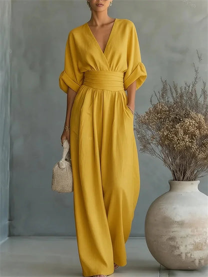 Ruched V-Neck Wide-Leg Jumpsuit | Wovetsa