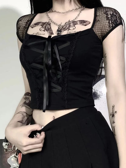 Gothic Mesh Lace Bandage Bodycon Top | Wovetsa