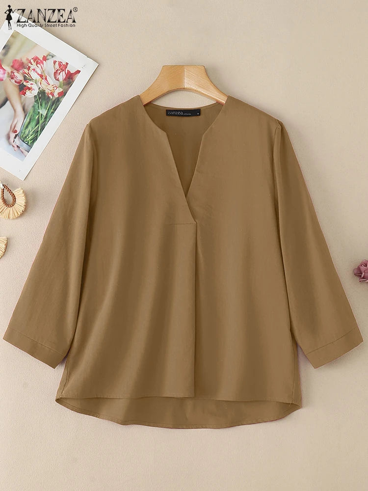 V-Neck 3/4 Sleeve Cotton Blouse | Wovetsa