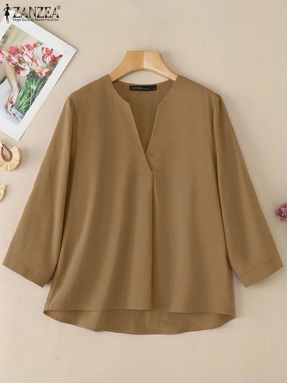 V-Neck 3/4 Sleeve Cotton Blouse | Wovetsa