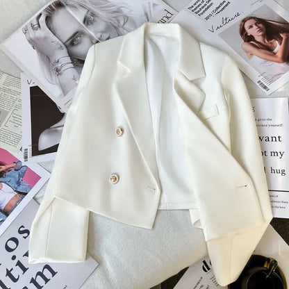 2023 Autumn Fashion Blazers Women Temperament Solid Double Breasted Cropped Jacket Woman Basic All Match Suit Outwear Female