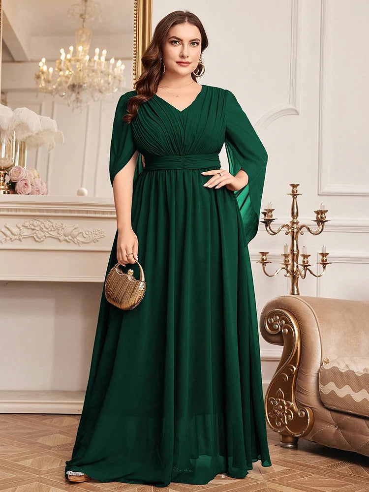 Plus Size V-Neck Flare Sleeve Formal Maxi Dress | Wovetsa