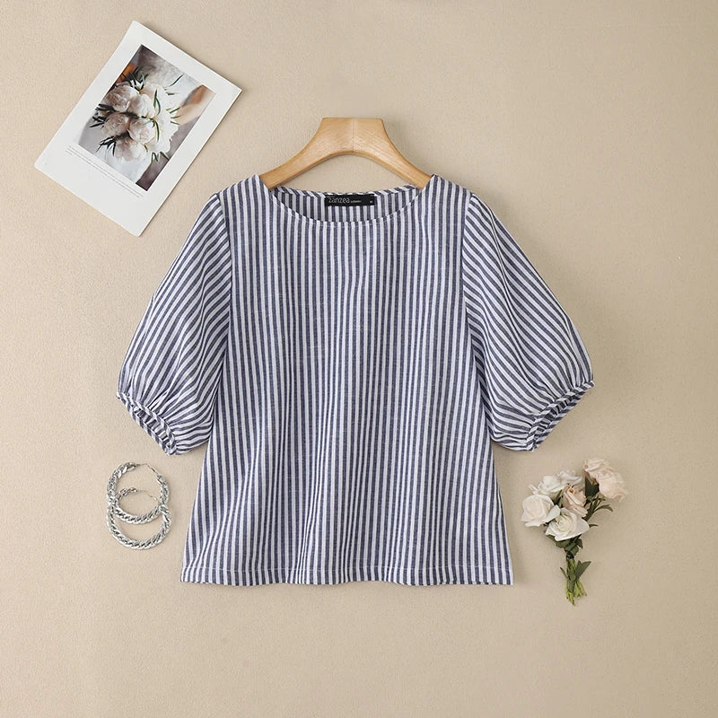 Striped Lantern Sleeve Blouse | Wovetsa
