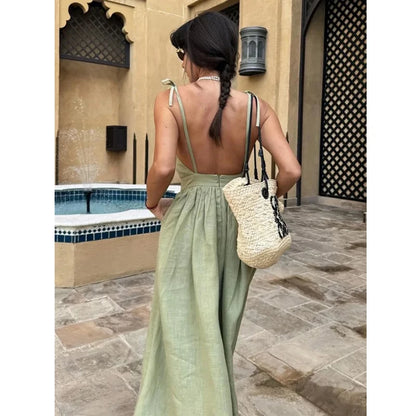Backless Cotton V-Neck Maxi Dress | Wovetsa