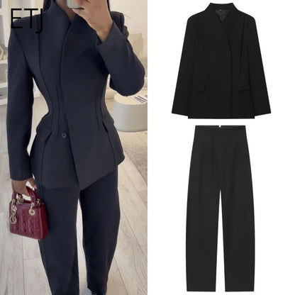 High Collar Slim Blazer & Wide Leg Trouser Set | Wovetsa