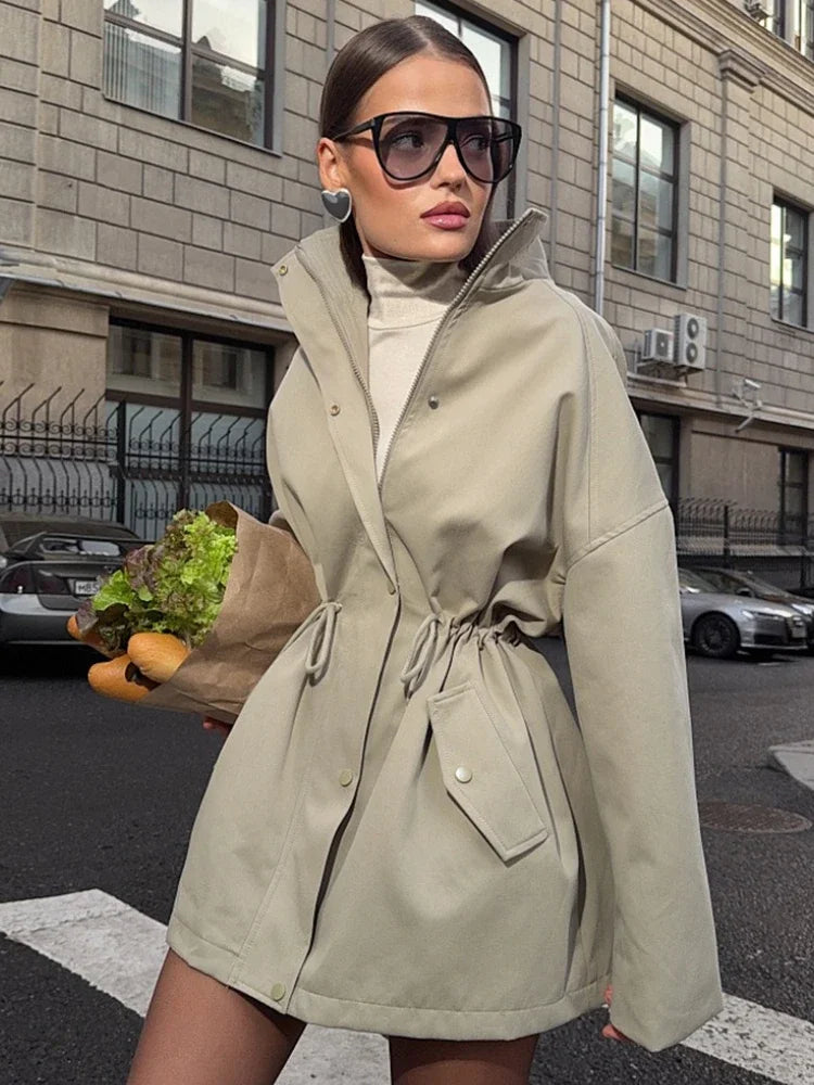 Suninheart Stand Collar Drawstring Waist Trench Jacket Female Commute Long Sleeves Casual Women's Mid-Length Trench Coat