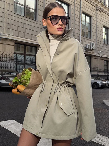 Suninheart Stand Collar Drawstring Waist Trench Jacket Female Commute Long Sleeves Casual Women's Mid-Length Trench Coat