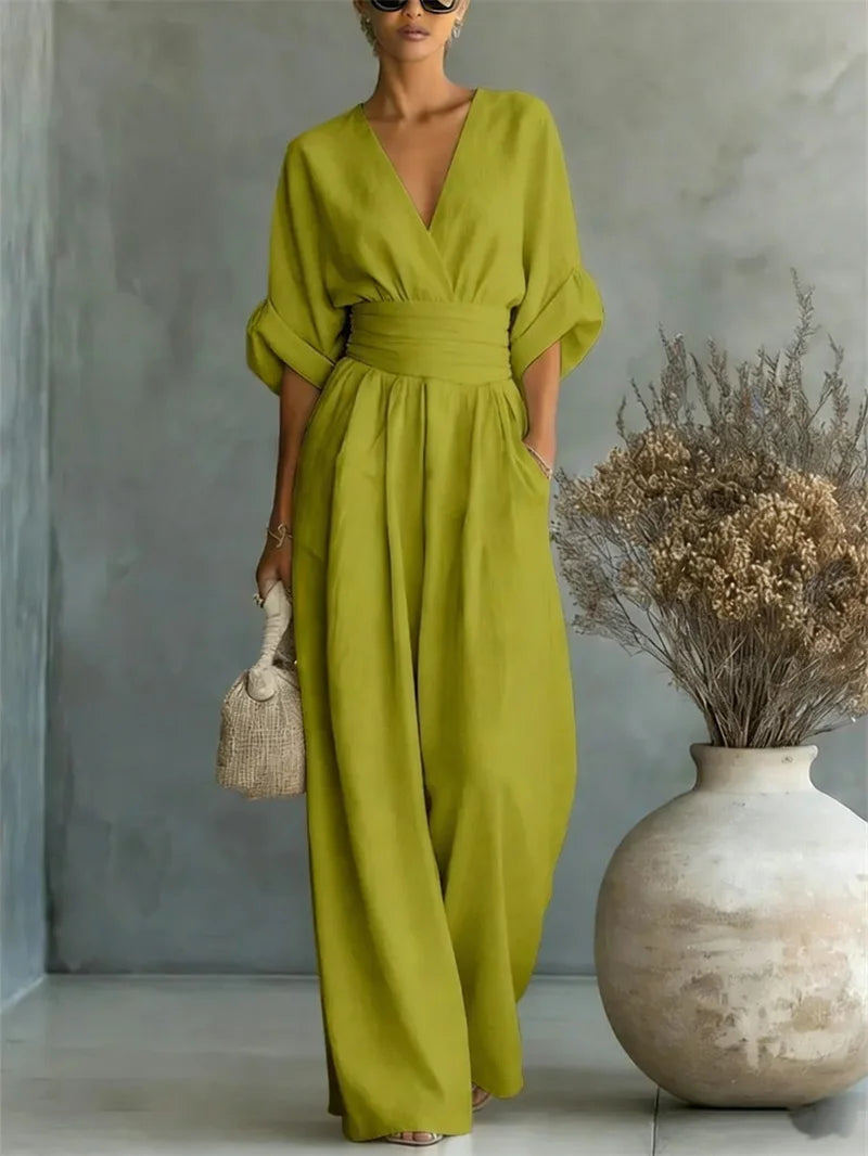 Ruched V-Neck Wide-Leg Jumpsuit | Wovetsa