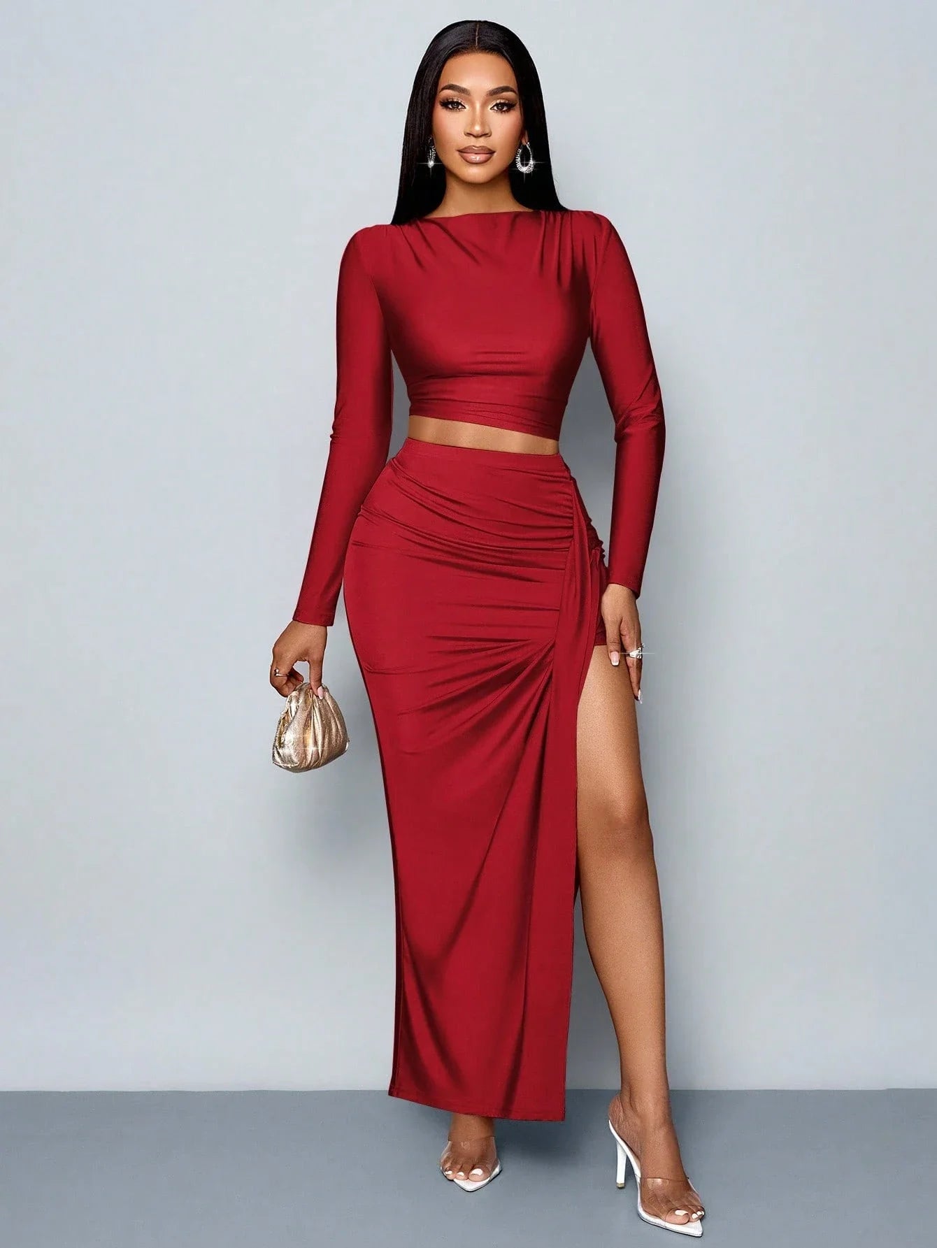 Women's Two Piece Set – Elegant Casual Long Sleeve Top and Pleated Skirt Outfit