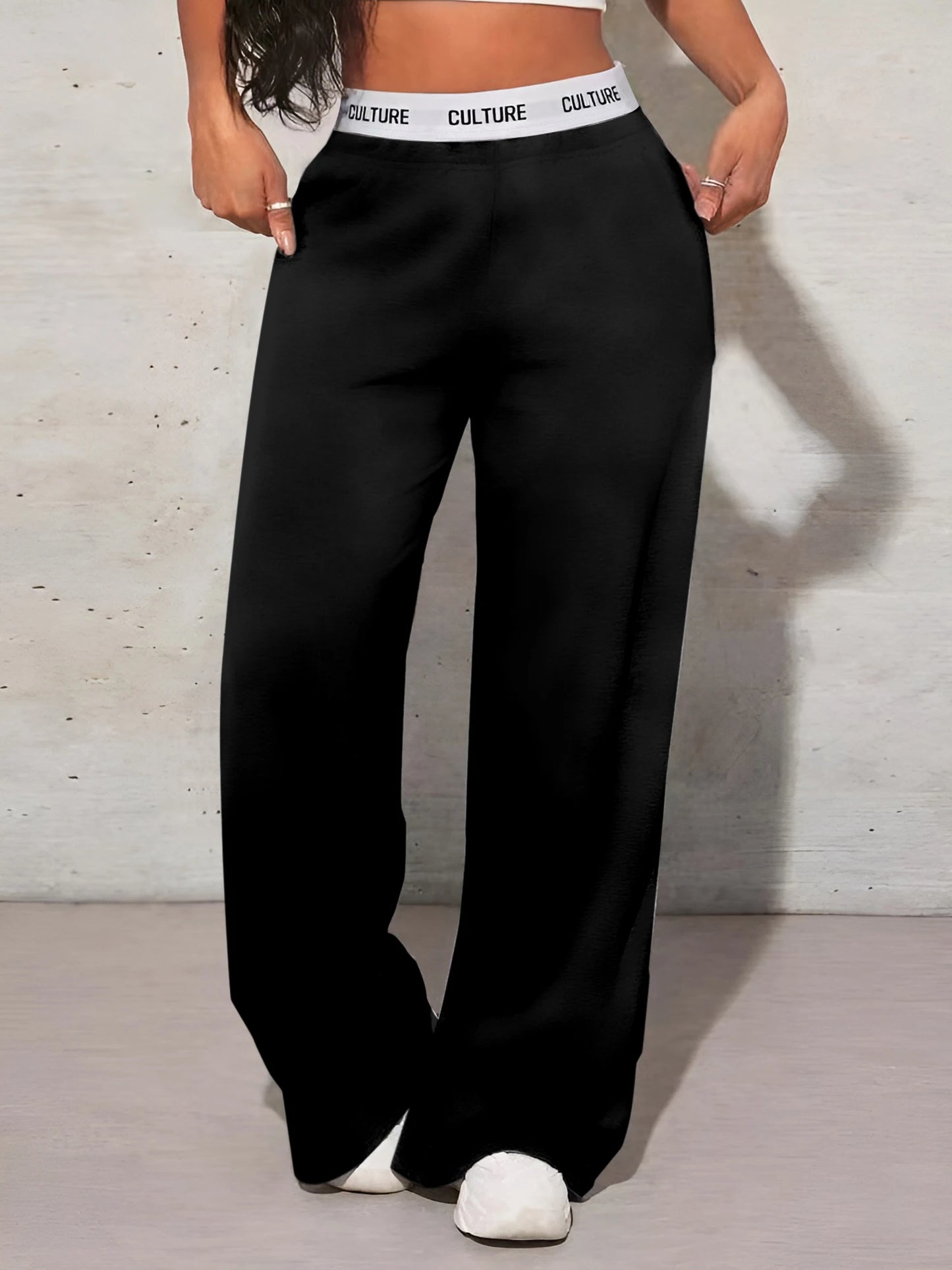 High-Waist Wide-Leg Sweatpants with Letter Waistband | Wovetsa