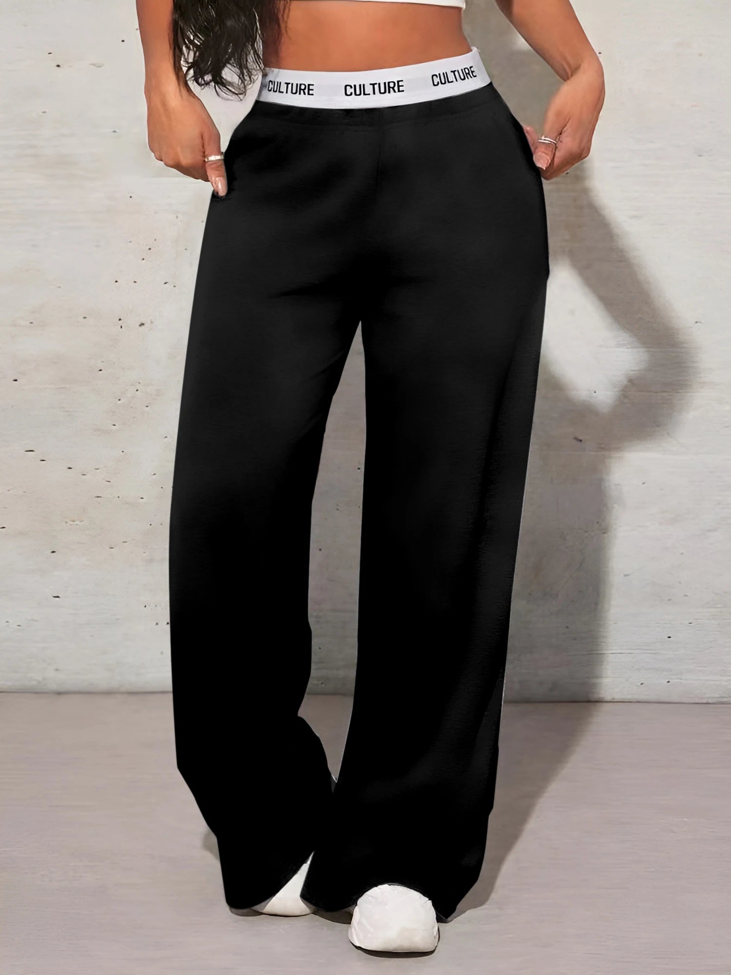 High-Waist Wide-Leg Sweatpants with Letter Waistband | Wovetsa