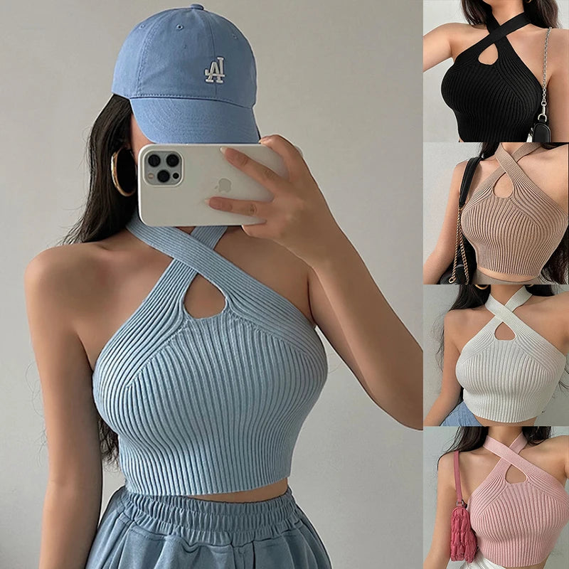 Women's Sexy Halter Crop Top Cross Strap Knitted Tank Top Summer Casual Fashion Top