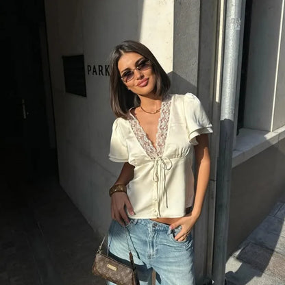 V-Neck Lace Satin Top | Wovetsa