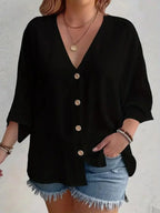 Plus Size V-Neck Button Detail Long Sleeve Blouse | Wovetsa