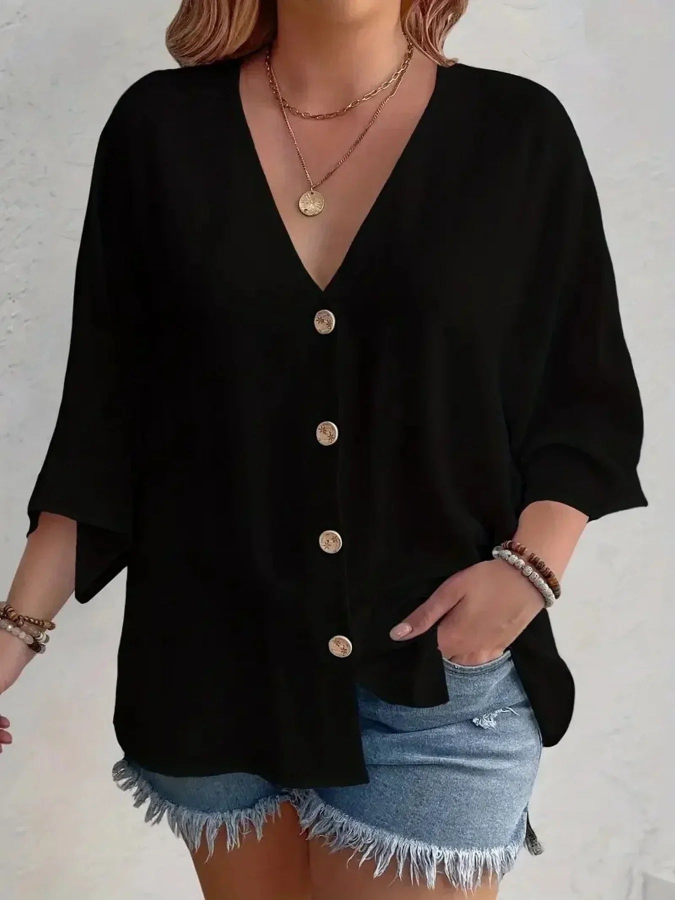 Plus Size V-Neck Button Detail Long Sleeve Blouse | Wovetsa