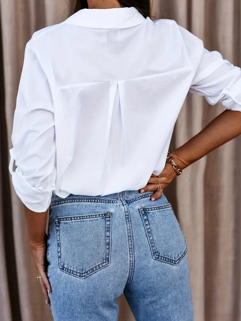 Plus Size V-Neck Button-Up Long Sleeve Blouse | Wovetsa