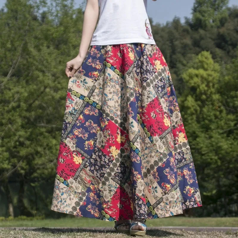 Bohemian Floral Print Cotton Linen Maxi Skirt | Wovetsa