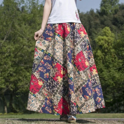 Bohemian Floral Print Cotton Linen Maxi Skirt | Wovetsa