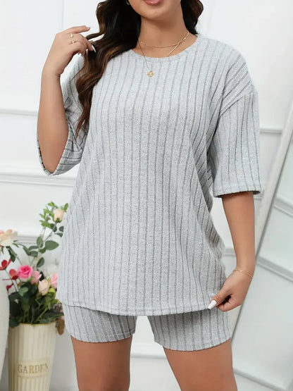 Plus Size Ribbed Lounge Set Top & Shorts | Wovetsa