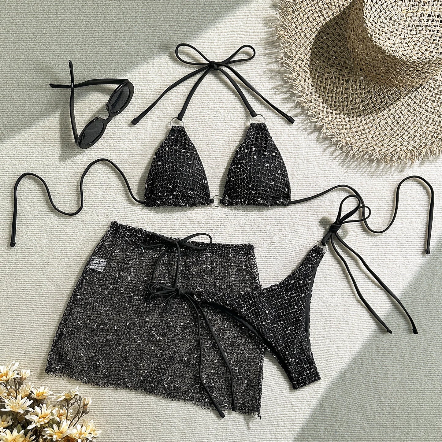 Halter Strappy Hollow-Out 3-Piece Bikini Set with Skirt | Wovetsa