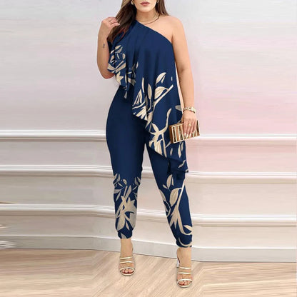Diagonal Shoulder Ruffle Wide Leg Jumpsuit | Wovetsa