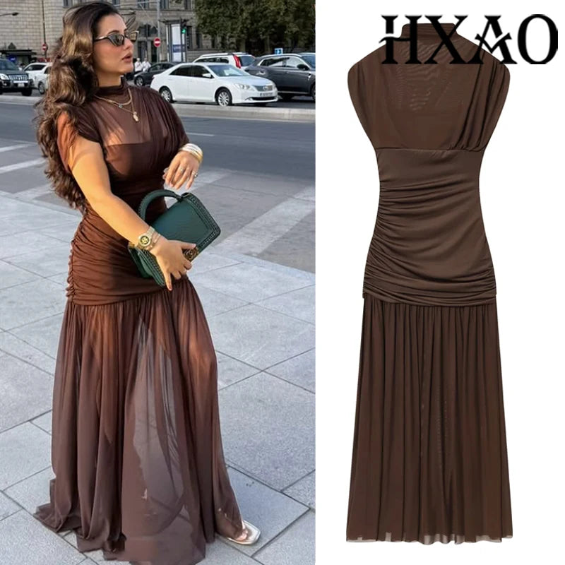 Mesh Ruched Midi Dress | Wovetsa