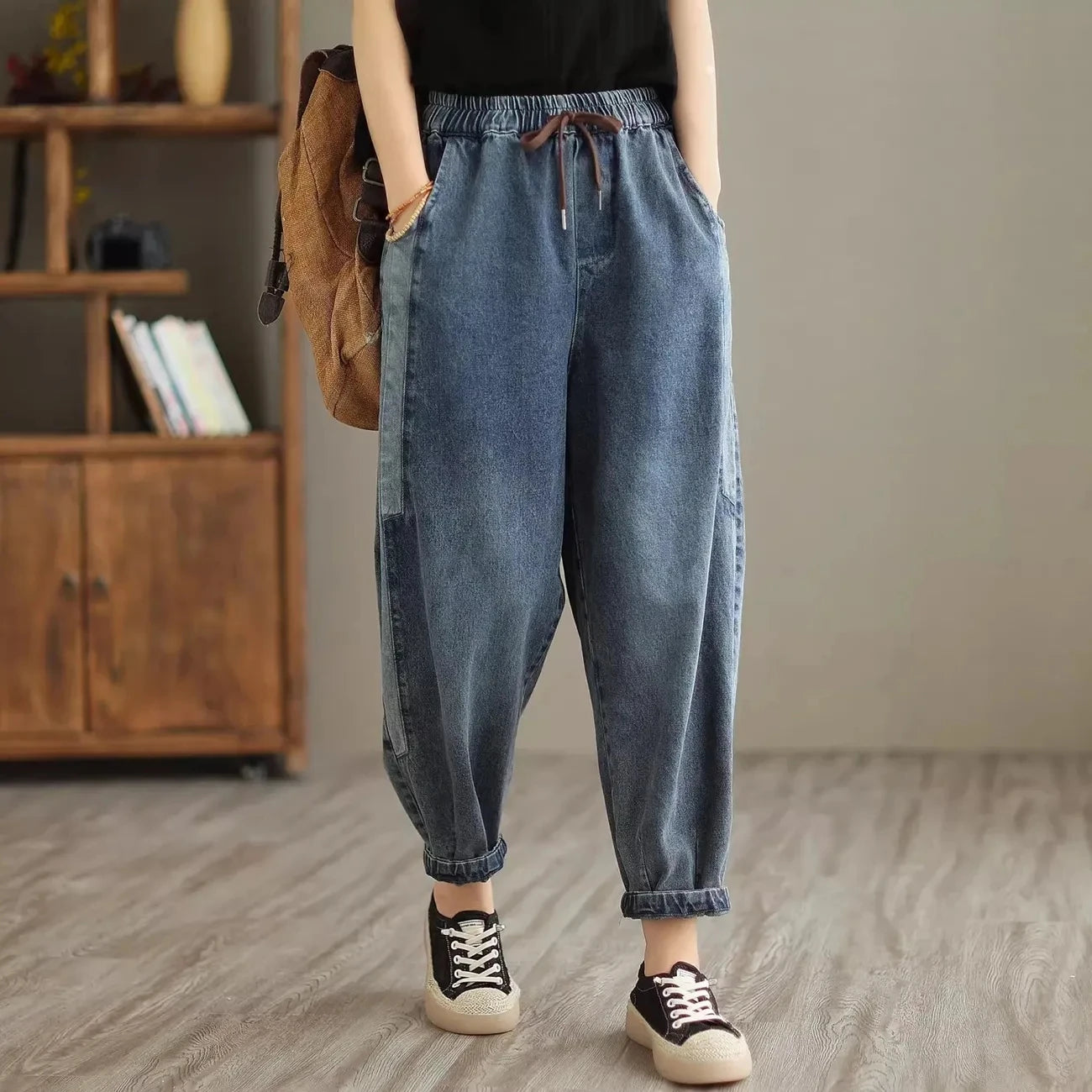 Elastic Waist Patchwork Denim Harem Pants | Wovetsa