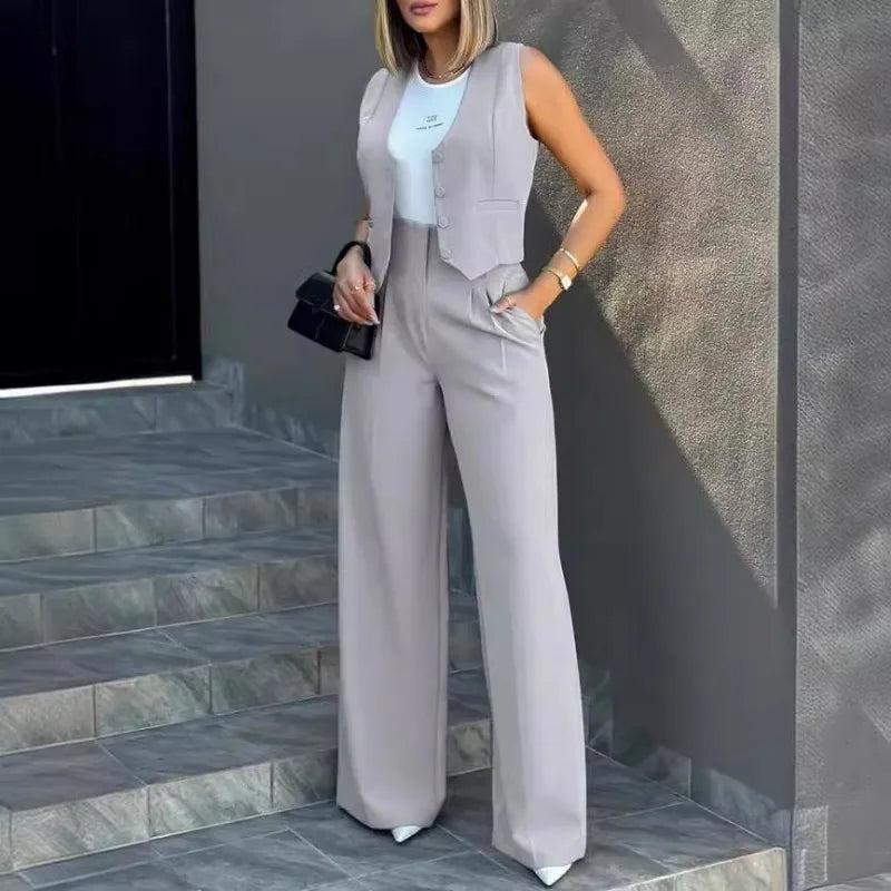 Sleeveless Vest & Wide Leg Pants Set | Wovetsa